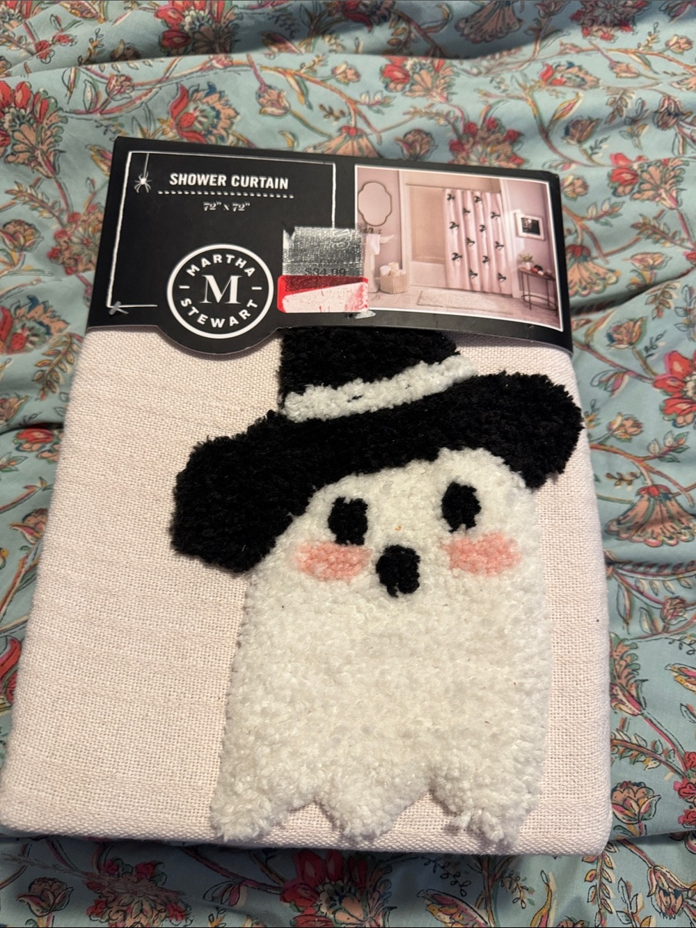 Martha Stewart Blush Pink Ghost Shower Curtain with Black Hat Accent